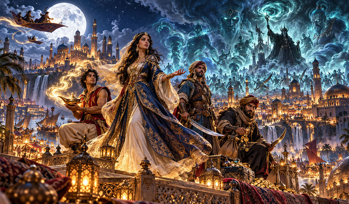 Fantasy-Illustration mit Scheherazade in einem prachtvollen blau-goldenen Gewand, Aladdin mit einer leuchtenden Wunderlampe, Sindbad und Ali Baba auf einer Palastterrasse. Über einer goldenen orientalischen Märchenstadt erhebt sich eine riesige Armee geisterhafter, blau leuchtender Dschinn unter einem dunklen Nachthimmel.