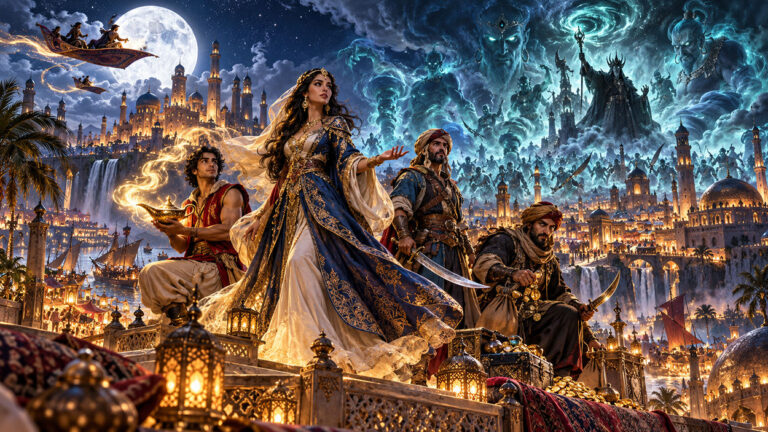 Fantasy-Illustration mit Scheherazade in einem prachtvollen blau-goldenen Gewand, Aladdin mit einer leuchtenden Wunderlampe, Sindbad und Ali Baba auf einer Palastterrasse. Über einer goldenen orientalischen Märchenstadt erhebt sich eine riesige Armee geisterhafter, blau leuchtender Dschinn unter einem dunklen Nachthimmel.