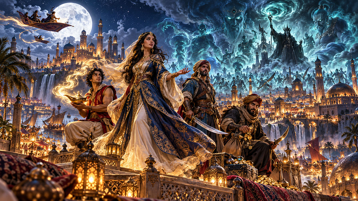 Fantasy-Illustration mit Scheherazade in einem prachtvollen blau-goldenen Gewand, Aladdin mit einer leuchtenden Wunderlampe, Sindbad und Ali Baba auf einer Palastterrasse. Über einer goldenen orientalischen Märchenstadt erhebt sich eine riesige Armee geisterhafter, blau leuchtender Dschinn unter einem dunklen Nachthimmel.