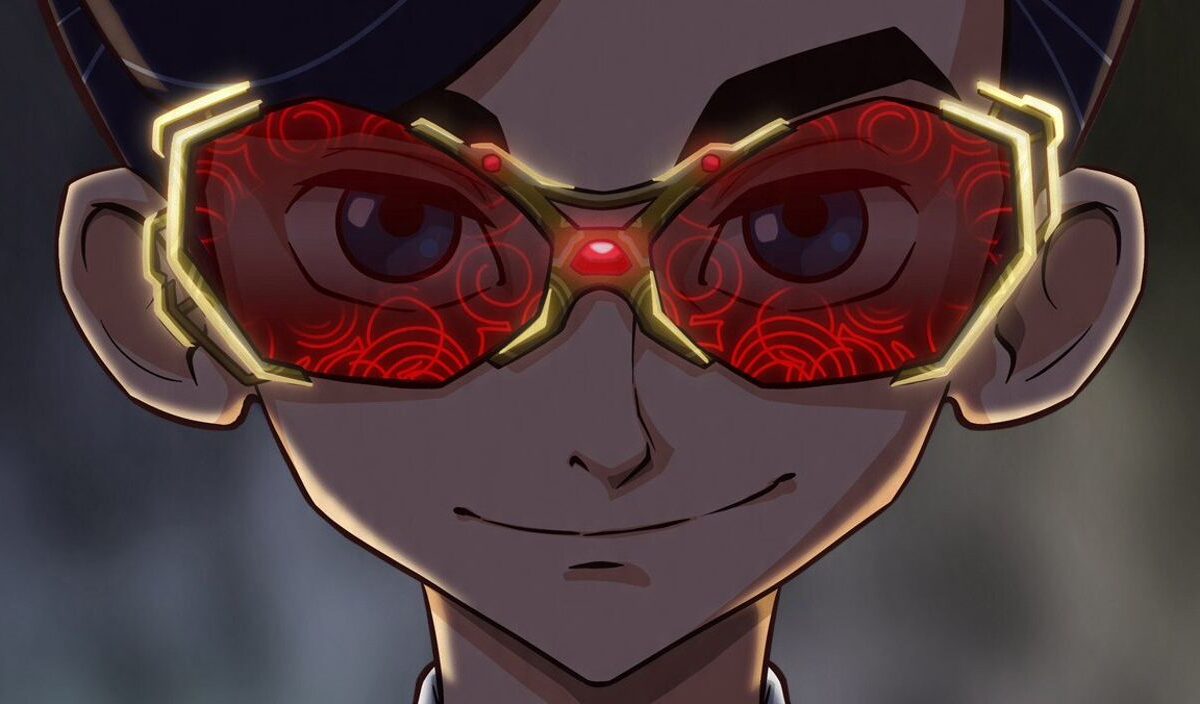 Artemis Fowl blickt mit einem selbstbewussten Lächeln durch rot leuchtende Hightech-Brillengläser.