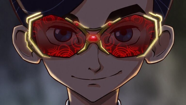 Artemis Fowl blickt mit einem selbstbewussten Lächeln durch rot leuchtende Hightech-Brillengläser.