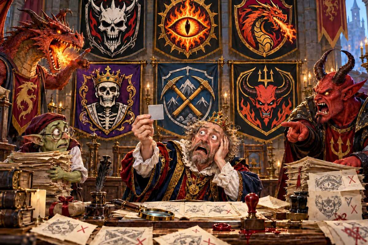 Satirische Fantasy-Illustration mit sechs Vereinswappen: Totenschädel, brennendes Auge, Drache, gekröntes Skelett, gekreuzte Spitzhacken und Teufel. Ein verzweifelter Prüfer hält ein graues Quadrat hoch, während ein Goblin und ein roter Dämon protestieren.