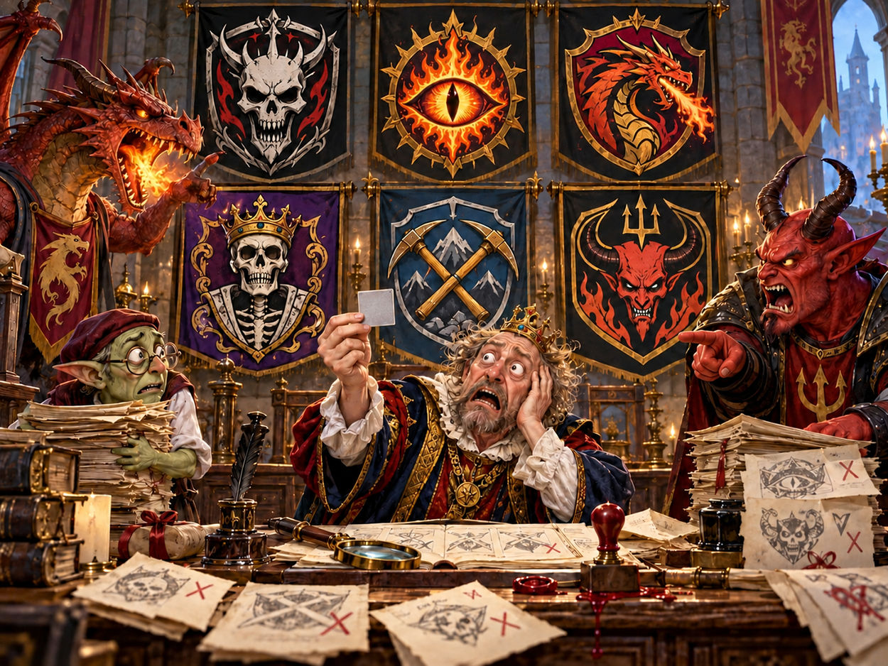 Satirische Fantasy-Illustration mit sechs Vereinswappen: Totenschädel, brennendes Auge, Drache, gekröntes Skelett, gekreuzte Spitzhacken und Teufel. Ein verzweifelter Prüfer hält ein graues Quadrat hoch, während ein Goblin und ein roter Dämon protestieren.