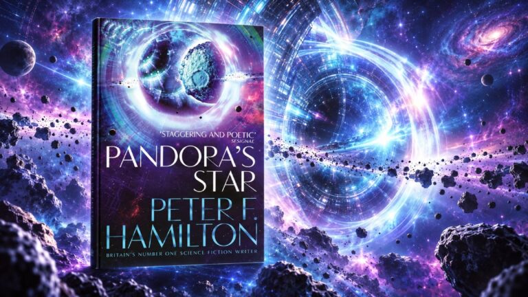 Das Cover von Peter F. Hamiltons Pandora’s Star steht vor einem weitläufigen kosmischen Hintergrund mit leuchtenden Ringstrukturen, Sternenfeldern und Asteroiden.