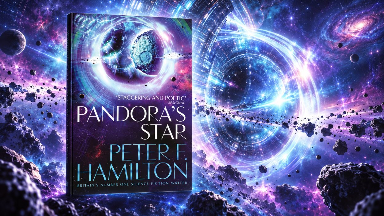 Das Cover von Peter F. Hamiltons Pandora’s Star steht vor einem weitläufigen kosmischen Hintergrund mit leuchtenden Ringstrukturen, Sternenfeldern und Asteroiden.