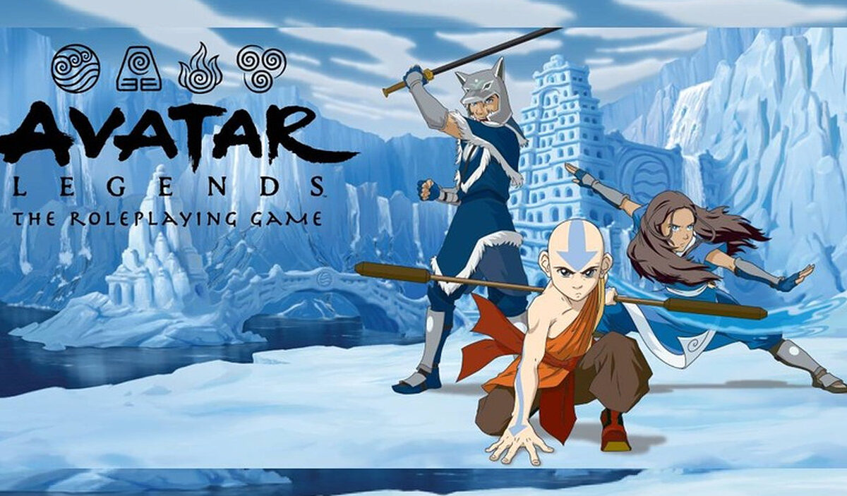 Illustration zu Avatar Legends: The Roleplaying Game mit Aang, Katara und Sokka in einer verschneiten Landschaft. Aang steht mit seinem Kampfstab im Vordergrund, während Katara Wasserbändigen einsetzt und Sokka sein Schwert erhebt. Im Hintergrund ragen eisige Berge und eine gewaltige Festung auf.