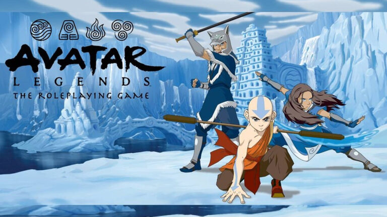 Illustration zu Avatar Legends: The Roleplaying Game mit Aang, Katara und Sokka in einer verschneiten Landschaft. Aang steht mit seinem Kampfstab im Vordergrund, während Katara Wasserbändigen einsetzt und Sokka sein Schwert erhebt. Im Hintergrund ragen eisige Berge und eine gewaltige Festung auf.