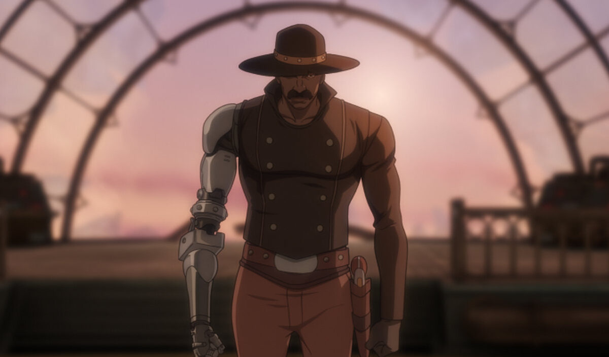 Animationsszene aus Bass X Machina: Ein dunkel gekleideter Westernheld mit breitkrempigem Hut, Schnurrbart und silbernem mechanischem Arm steht vor einer großen bogenförmigen Metallkonstruktion im warmen Abendlicht.