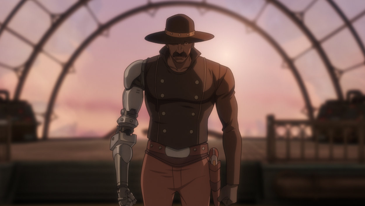 Animationsszene aus Bass X Machina: Ein dunkel gekleideter Westernheld mit breitkrempigem Hut, Schnurrbart und silbernem mechanischem Arm steht vor einer großen bogenförmigen Metallkonstruktion im warmen Abendlicht.