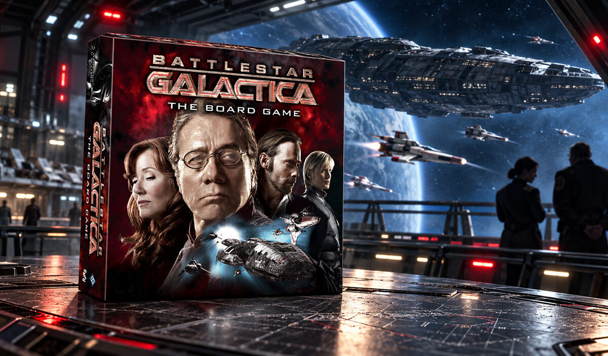 Die Originalverpackung von Battlestar Galactica: The Board Game steht auf einem futuristischen Kommandotisch. Im Hintergrund schwebt die gewaltige Galactica vor einem Planeten, begleitet von mehreren Viper-Raumjägern. Zwei Offiziere betrachten die Szene aus einem beleuchteten Raumschiffhangar.