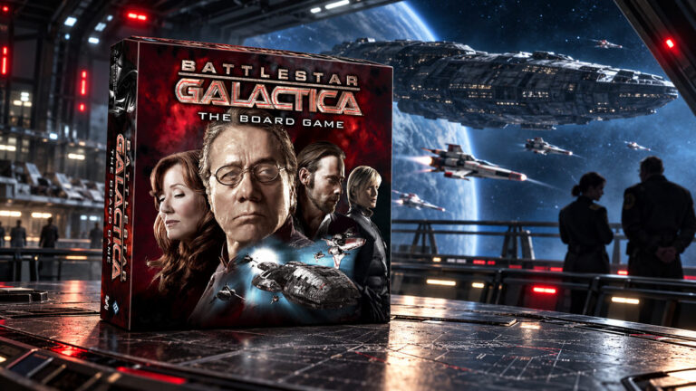 Die Originalverpackung von Battlestar Galactica: The Board Game steht auf einem futuristischen Kommandotisch. Im Hintergrund schwebt die gewaltige Galactica vor einem Planeten, begleitet von mehreren Viper-Raumjägern. Zwei Offiziere betrachten die Szene aus einem beleuchteten Raumschiffhangar.