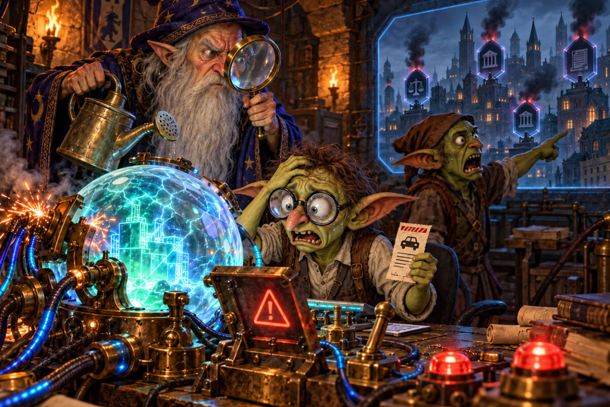 Satirische Fantasy-Illustration: Ein verzweifelter Kobold-Hacker mit großer Brille hält einen Strafzettel vor einem glühenden Zaubercomputer. Ein alter Magier untersucht die Maschine mit Lupe und Gießkanne, während im Hintergrund Behördengebäude ausfallen.