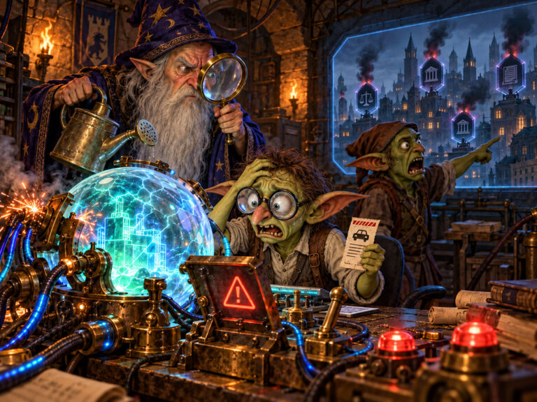 Satirische Fantasy-Illustration: Ein verzweifelter Kobold-Hacker mit großer Brille hält einen Strafzettel vor einem glühenden Zaubercomputer. Ein alter Magier untersucht die Maschine mit Lupe und Gießkanne, während im Hintergrund Behördengebäude ausfallen.
