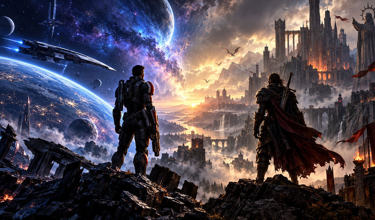 Zweiteilige Fantasy-Science-Fiction-Illustration: Links steht eine gepanzerte Figur in einer Weltraumszenerie mit Raumschiffen und Planeten, rechts blickt eine dunkle Heldengestalt auf eine gewaltige mittelalterliche Festung in einer dramatischen Fantasylandschaft.