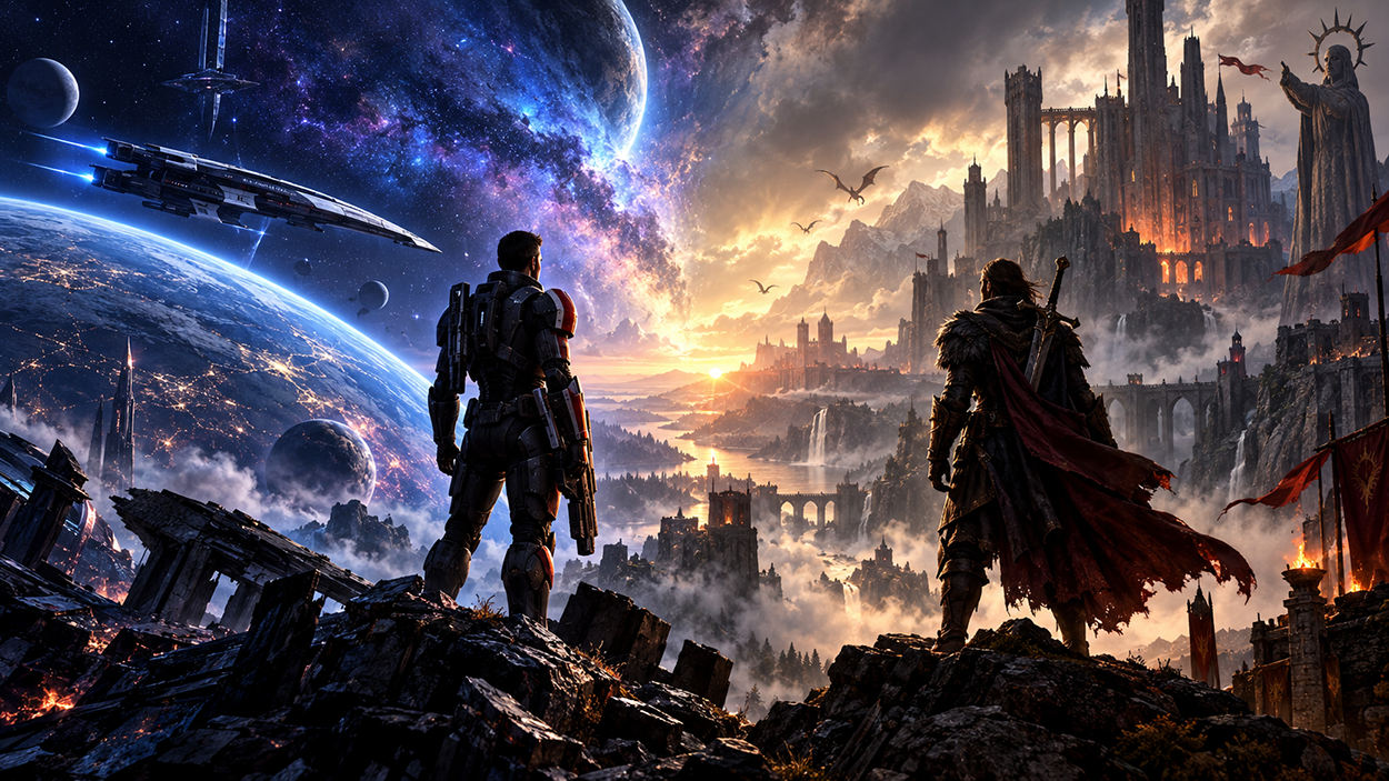 Zweiteilige Fantasy-Science-Fiction-Illustration: Links steht eine gepanzerte Figur in einer Weltraumszenerie mit Raumschiffen und Planeten, rechts blickt eine dunkle Heldengestalt auf eine gewaltige mittelalterliche Festung in einer dramatischen Fantasylandschaft.