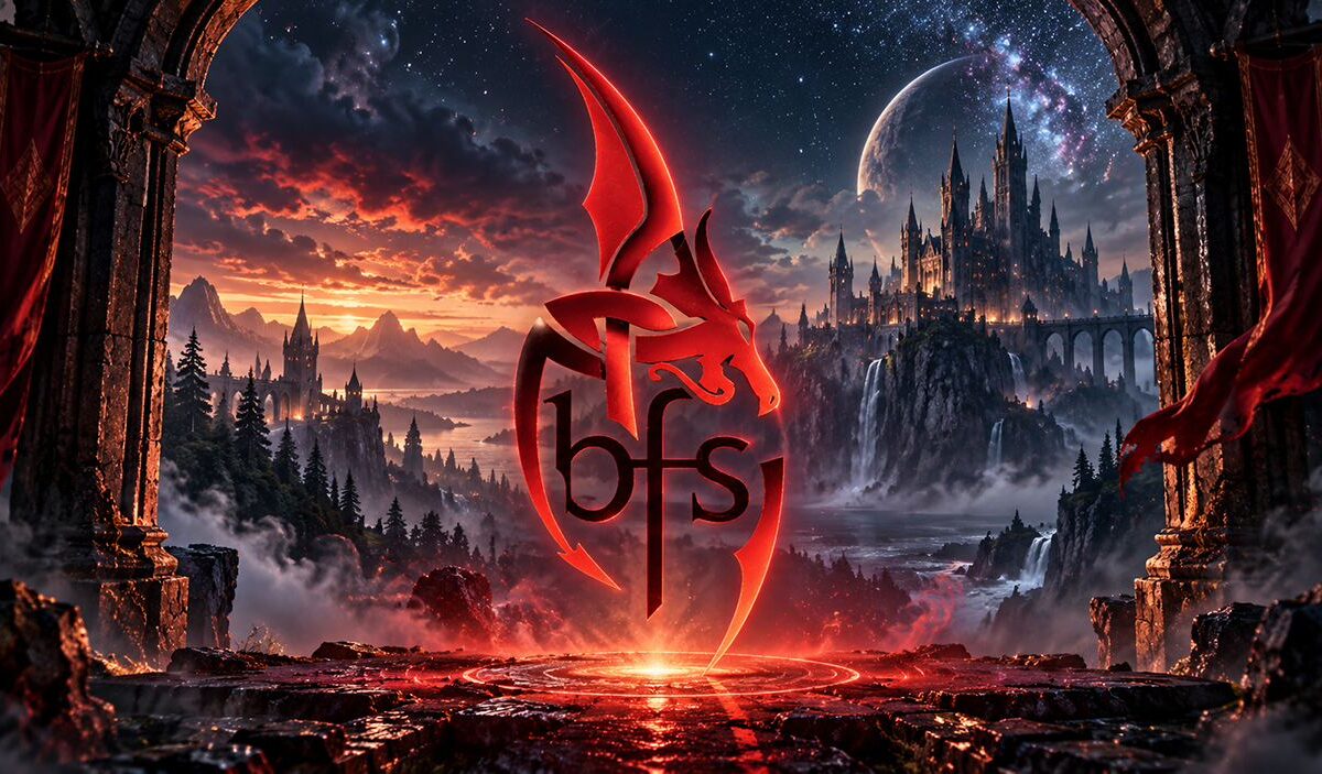 Glühendes Drachenlogo der British Fantasy Society vor einer düsteren Fantasy-Ruinenstadt