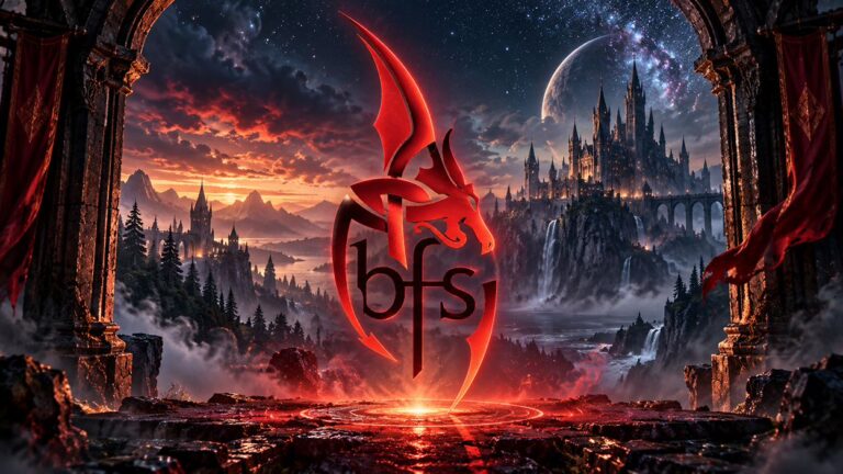 Glühendes Drachenlogo der British Fantasy Society vor einer düsteren Fantasy-Ruinenstadt