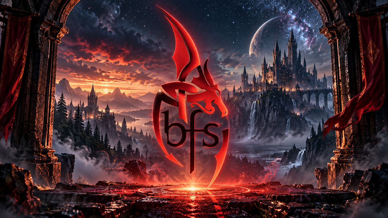 Glühendes Drachenlogo der British Fantasy Society vor einer düsteren Fantasy-Ruinenstadt
