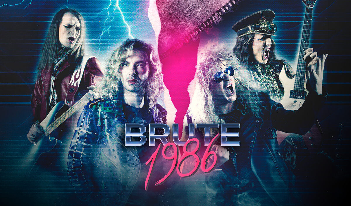 Offizielles Filmmotiv zu Brute 1986 mit Bill Kaulitz und drei weiteren Darstellern im Glam-Metal-Look. Lederjacken, wilde Frisuren, E-Gitarren, blaue Blitze und pinkfarbene Neonlichter umrahmen den Filmtitel.