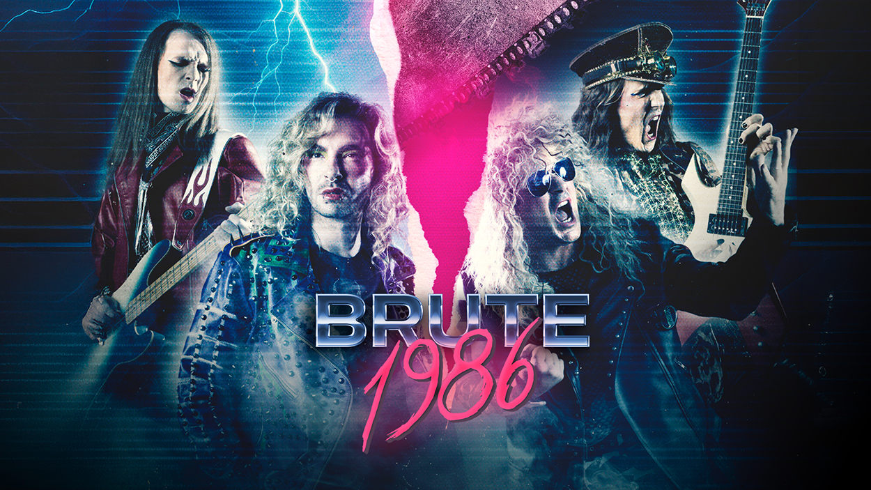 Offizielles Filmmotiv zu Brute 1986 mit Bill Kaulitz und drei weiteren Darstellern im Glam-Metal-Look. Lederjacken, wilde Frisuren, E-Gitarren, blaue Blitze und pinkfarbene Neonlichter umrahmen den Filmtitel.