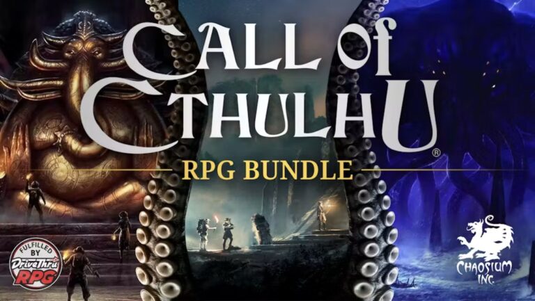 Offizielles Motiv zum Call of Cthulhu RPG Bundle mit Tentakeln, kosmischem Horror und Szenen aus der Cthulhu-Welt.