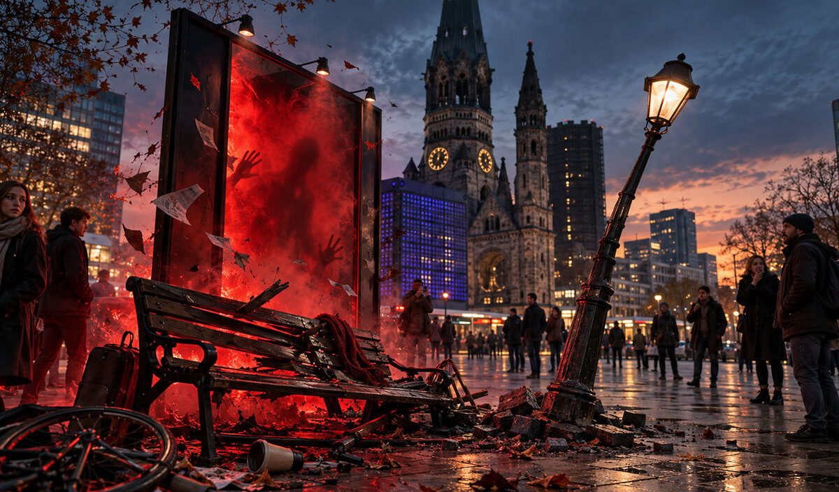KI-generierte Illustration des Berliner Breitscheidplatzes bei Dämmerung mit der Kaiser-Wilhelm-Gedächtniskirche im Hintergrund. Im Vordergrund stehen ein rot leuchtendes Horrorplakat, eine beschädigte Holzbank und eine umgestürzte Straßenlaterne. Passanten betrachten die unheimliche Szene.