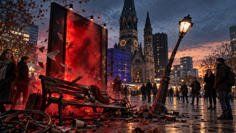 KI-generierte Illustration des Berliner Breitscheidplatzes bei Dämmerung mit der Kaiser-Wilhelm-Gedächtniskirche im Hintergrund. Im Vordergrund stehen ein rot leuchtendes Horrorplakat, eine beschädigte Holzbank und eine umgestürzte Straßenlaterne. Passanten betrachten die unheimliche Szene.