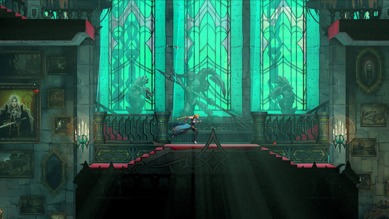 Rose Belmont läuft durch eine düstere gotische Halle mit leuchtend grünen Fenstern in Castlevania: Belmont’s Curse.
