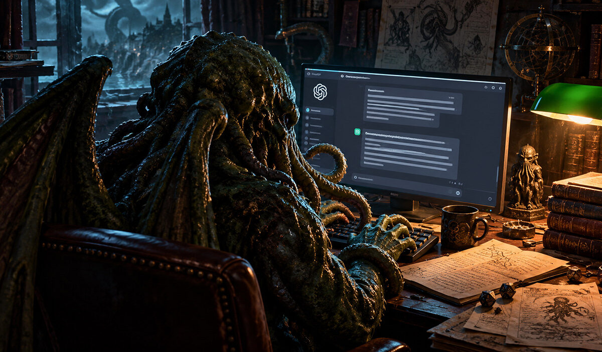 Cthulhu sitzt mit riesigen Flügeln und Tentakeln an einem Schreibtisch und benutzt ChatGPT. Der Bildschirm leuchtet in einem düsteren Arbeitszimmer voller alter Bücher, Würfel und okkulter Zeichnungen. Durch das Fenster ist eine unheimliche Stadt zu sehen.
