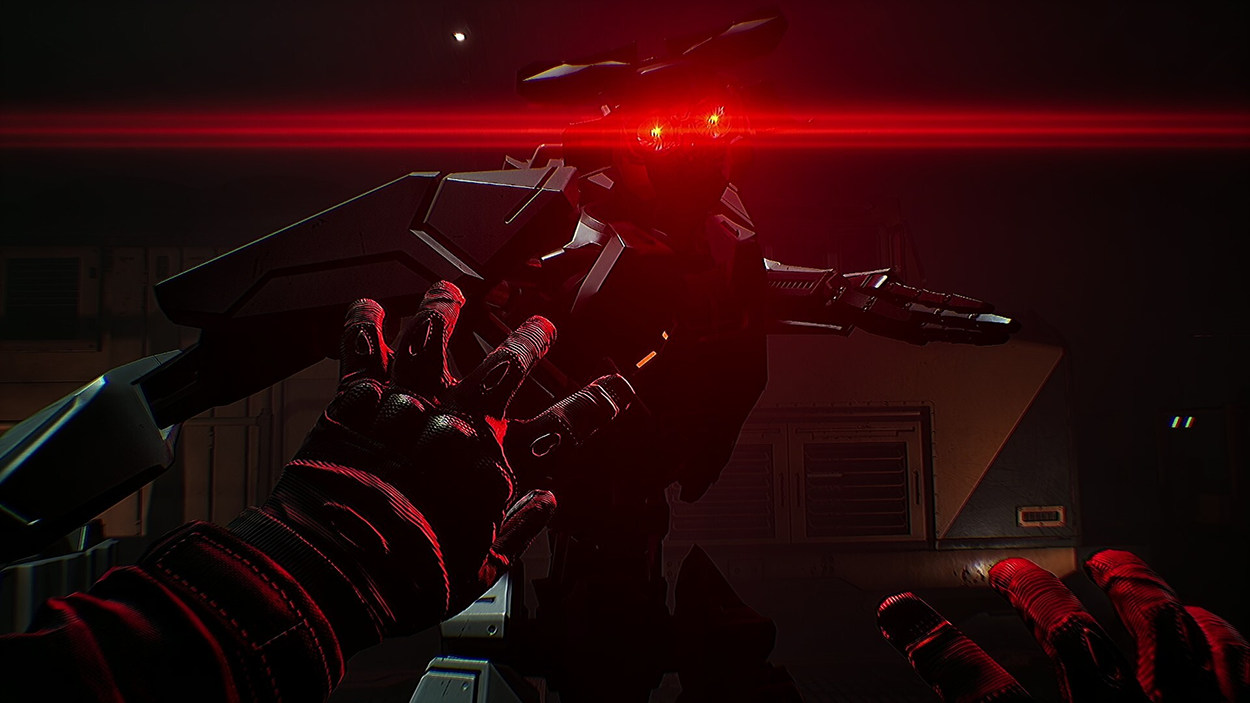 Düsterer Ego-Perspektiven-Screenshot aus CODE EXIT. Ein großer, schwer gepanzerter Kampfroboter mit zwei glühend roten Sensoraugen steht unmittelbar vor der Spielfigur. Ein intensiver roter Lichtstrahl durchschneidet die Szene, während im Vordergrund zwei behandschuhte Hände ausgestreckt sind.