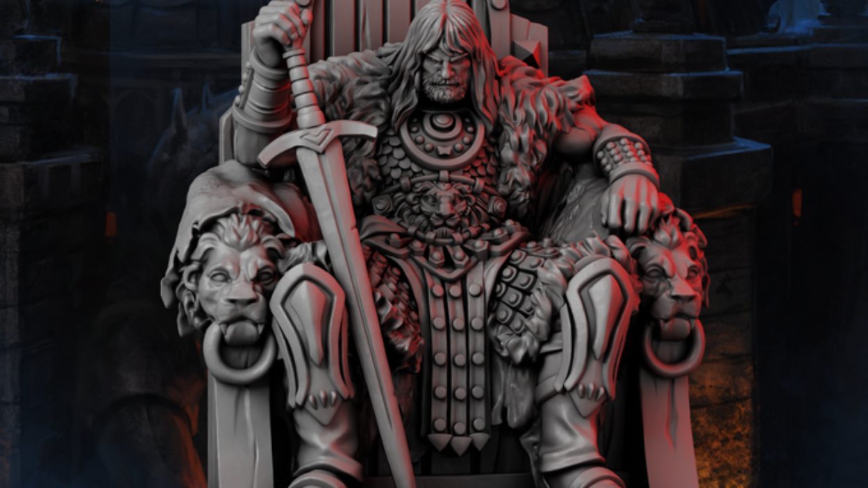 Conan sitzt mit großem Schwert auf einem steinernen Thron in einer detaillierten Miniatur für Conan by Monolith: Tales of Tortage and Zamora.