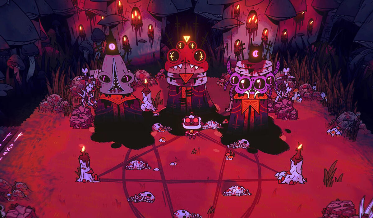 Düsteres Ritual aus Cult of the Lamb mit drei großen, bizarren Kultgestalten und einem kleinen Lamm in ihrer Mitte. Ein rotes Pentagramm, brennende Kerzen und verstreute Totenschädel prägen die unheimliche Cartoonlandschaft.