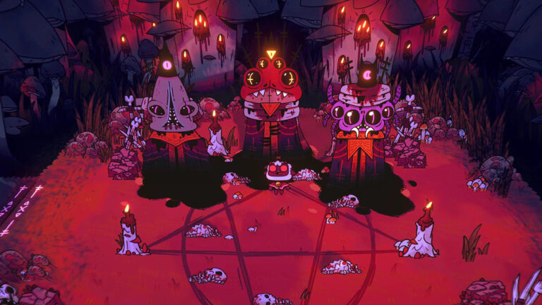 Düsteres Ritual aus Cult of the Lamb mit drei großen, bizarren Kultgestalten und einem kleinen Lamm in ihrer Mitte. Ein rotes Pentagramm, brennende Kerzen und verstreute Totenschädel prägen die unheimliche Cartoonlandschaft.