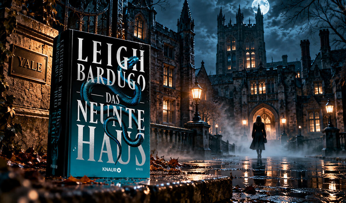 KI-generierte Buchmontage zu Das neunte Haus von Leigh Bardugo. Links steht das schwarz-türkise Buch mit einer blauen Schlange auf dem Cover neben einem steinernen Yale-Schild. Rechts führt ein regennasser Weg zu einem beleuchteten gotischen Universitätsgebäude. Eine dunkel gekleidete Frau geht durch den Nebel auf den Eingang zu, während der Vollmond über den Türmen scheint.