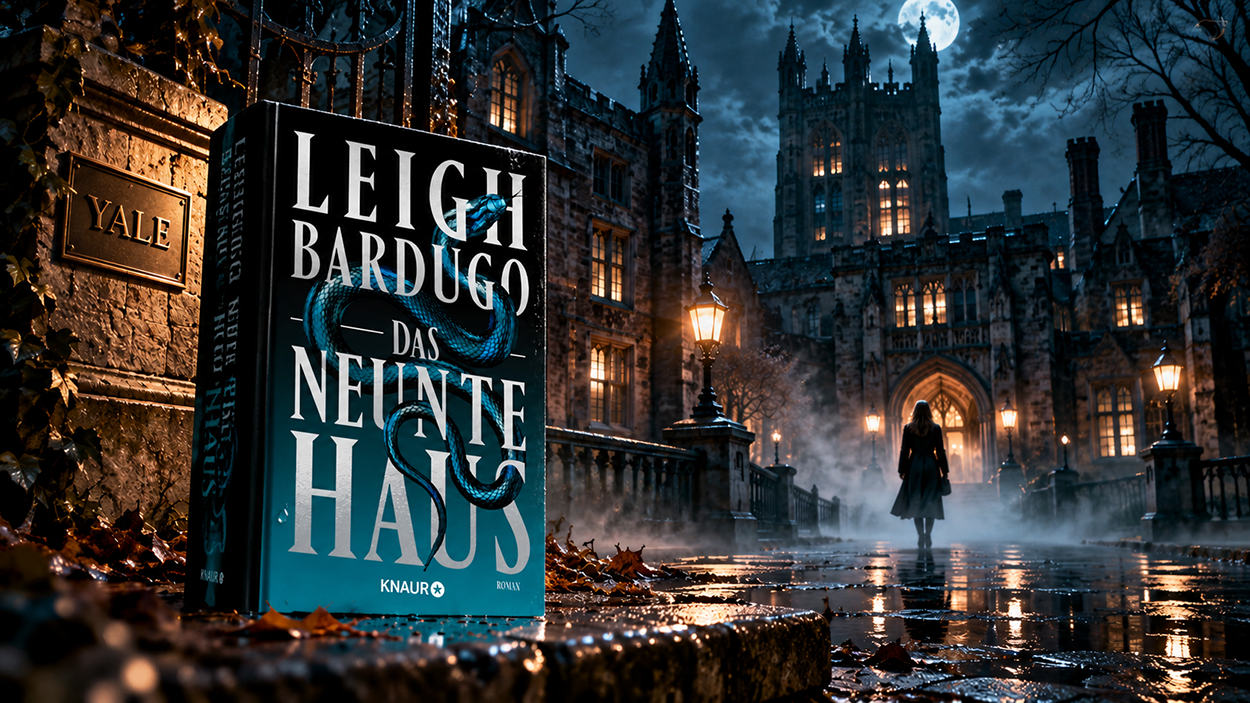 KI-generierte Buchmontage zu Das neunte Haus von Leigh Bardugo. Links steht das schwarz-türkise Buch mit einer blauen Schlange auf dem Cover neben einem steinernen Yale-Schild. Rechts führt ein regennasser Weg zu einem beleuchteten gotischen Universitätsgebäude. Eine dunkel gekleidete Frau geht durch den Nebel auf den Eingang zu, während der Vollmond über den Türmen scheint.
