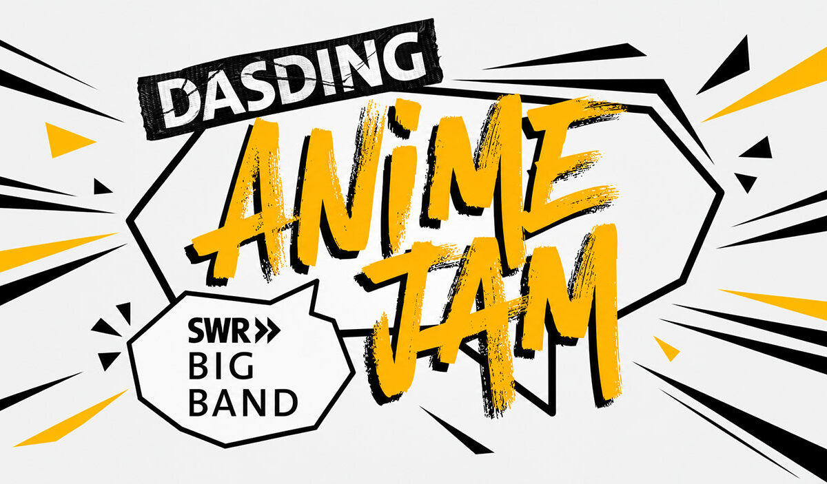 Breitformatiges Anime-Jam-Veranstaltungsmotiv mit großem gelbem Schriftzug „ANIME JAM“, schwarzem DASDING-Logo und der Aufschrift „SWR BIG BAND“. Schwarze und gelbe Comic-Strahlen auf weißem Hintergrund rahmen die Schriftzüge ein.