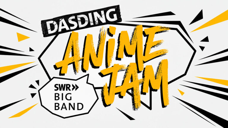 Breitformatiges Anime-Jam-Veranstaltungsmotiv mit großem gelbem Schriftzug „ANIME JAM“, schwarzem DASDING-Logo und der Aufschrift „SWR BIG BAND“. Schwarze und gelbe Comic-Strahlen auf weißem Hintergrund rahmen die Schriftzüge ein.