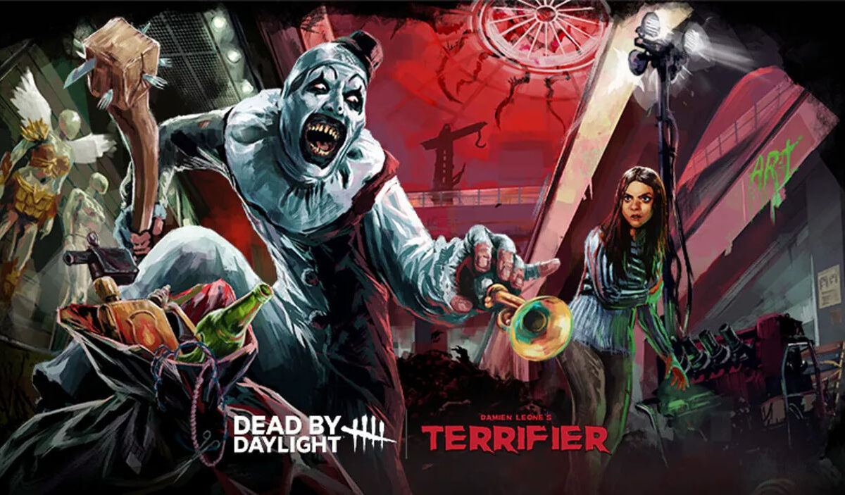 Offizielles Artwork zu Dead by Daylight: Terrifier: Art the Clown springt mit aufgerissenem Mund, blutigen Zähnen und einem Holzhammer aus einem Müllsack hervor. Rechts steht Sienna Shaw in einem düsteren Einkaufszentrum. Unten sind die Logos beider Horrorreihen zu sehen.