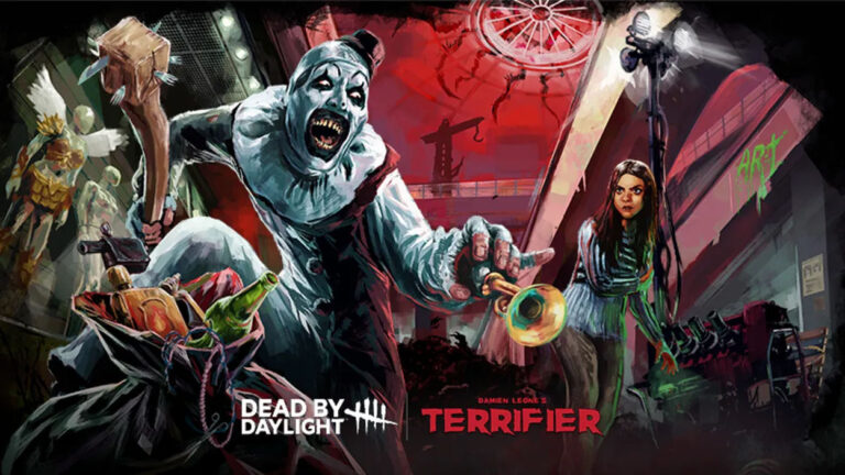Offizielles Artwork zu Dead by Daylight: Terrifier: Art the Clown springt mit aufgerissenem Mund, blutigen Zähnen und einem Holzhammer aus einem Müllsack hervor. Rechts steht Sienna Shaw in einem düsteren Einkaufszentrum. Unten sind die Logos beider Horrorreihen zu sehen.