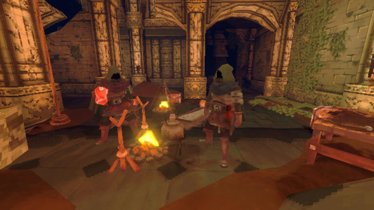 Gameplay-Screenshot aus Deep Dish Dungeon mit zwei vermummten Fantasy-Abenteurern in einer alten Steinkammer. Zwischen ihnen brennt ein Lagerfeuer mit einer improvisierten Kochstelle und einem aufgehängten Topf. Im Hintergrund führen verzierte Steinbögen in dunkle Gänge, rechts steht eine hölzerne Truhe.