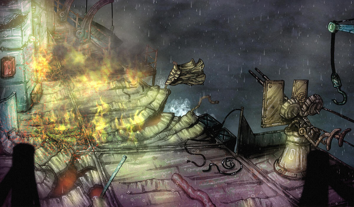 Handgezeichneter Screenshot aus dem Horrorspiel Deep Siren. Ein schwer beschädigtes Schiff brennt während eines nächtlichen Unwetters. Flammen und Rauch steigen aus dem Wrack auf, während Regen auf das zerstörte Deck fällt. Links im Vordergrund steht die dunkle Silhouette einer menschlichen Figur. Rechts sind beschädigte Schiffsaufbauten, ein Geschütz und ein Kranhaken zu erkennen.