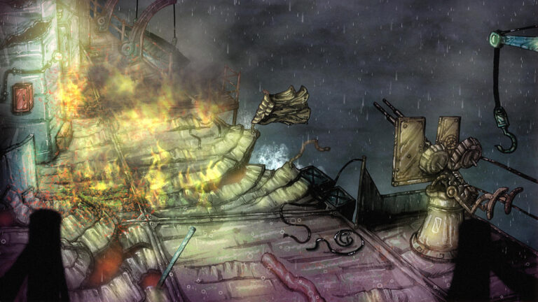 Handgezeichneter Screenshot aus dem Horrorspiel Deep Siren. Ein schwer beschädigtes Schiff brennt während eines nächtlichen Unwetters. Flammen und Rauch steigen aus dem Wrack auf, während Regen auf das zerstörte Deck fällt. Links im Vordergrund steht die dunkle Silhouette einer menschlichen Figur. Rechts sind beschädigte Schiffsaufbauten, ein Geschütz und ein Kranhaken zu erkennen.