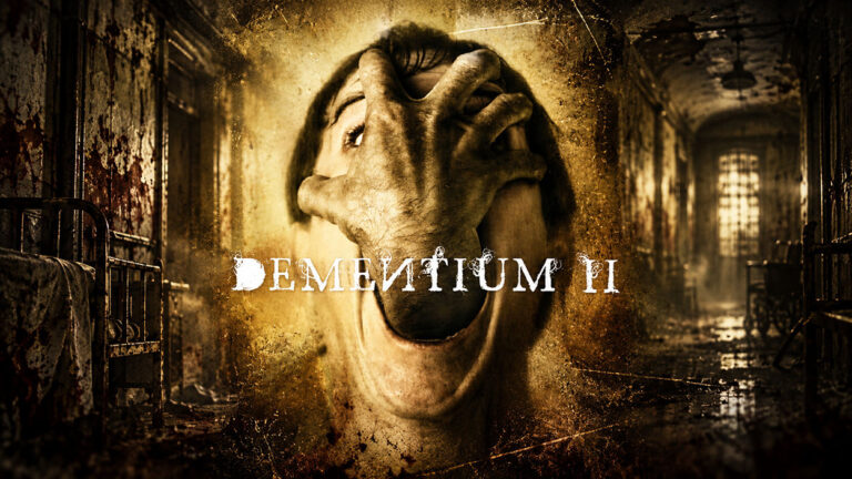 Düsteres Horrorartwork zu Dementium II mit einem schreienden Gesicht, das von einer großen, unheimlichen Hand umklammert wird. Im Hintergrund erstreckt sich ein verfallener Krankenhausflur mit rostigen Betten, blutverschmierten Wänden und schwachem Licht.