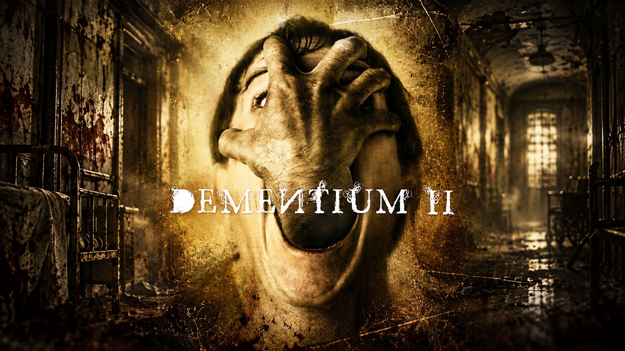 Düsteres Horrorartwork zu Dementium II mit einem schreienden Gesicht, das von einer großen, unheimlichen Hand umklammert wird. Im Hintergrund erstreckt sich ein verfallener Krankenhausflur mit rostigen Betten, blutverschmierten Wänden und schwachem Licht.