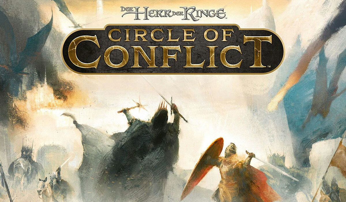 Offizielles Artwork zum Brettspiel Der Herr der Ringe: Circle of Conflict mit goldener Titelinschrift über einer epischen Schlachtszene. Krieger mit Schwertern und Schilden kämpfen zwischen aufziehendem Rauch und gewaltigen geflügelten Kreaturen.