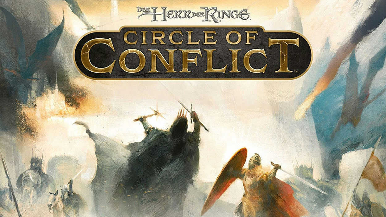 Offizielles Artwork zum Brettspiel Der Herr der Ringe: Circle of Conflict mit goldener Titelinschrift über einer epischen Schlachtszene. Krieger mit Schwertern und Schilden kämpfen zwischen aufziehendem Rauch und gewaltigen geflügelten Kreaturen.