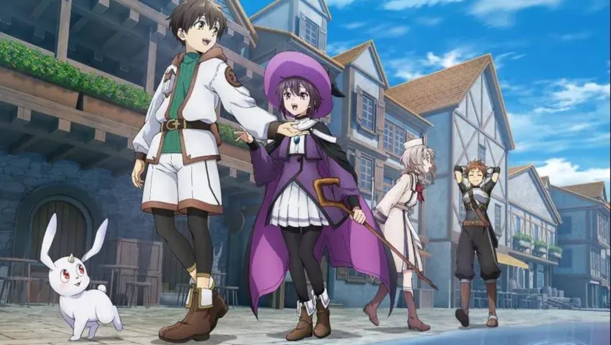 Yuma und weitere Schüler bewegen sich durch eine sonnige Fantasy-Stadt im Anime Devils' Crest.
