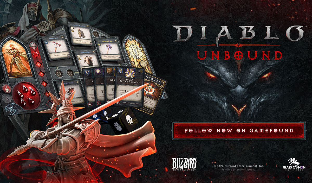 Offizielles Werbemotiv zum Brettspiel Diablo: Unbound mit einer bewaffneten Heldenminiatur, Charaktertableau, Ausrüstungskarten und Würfeln. Rechts erscheinen das Diablo-Logo und ein finsteres Dämonengesicht mit rot glühenden Augen.