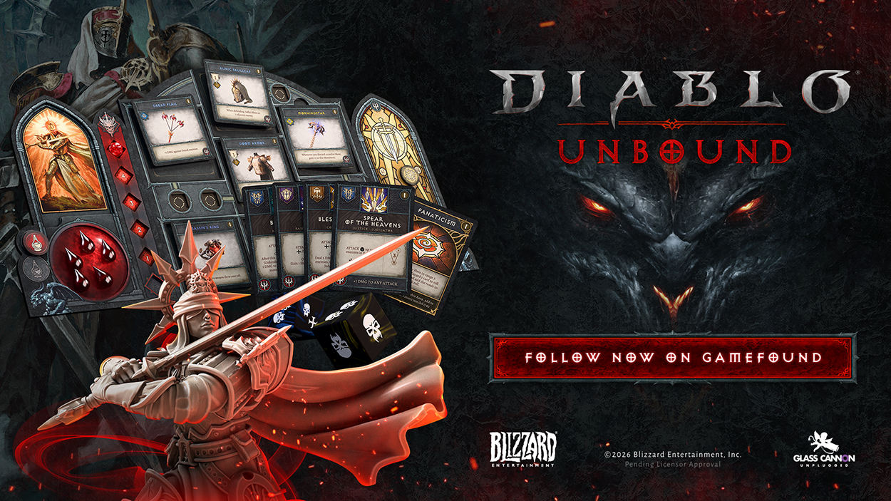 Offizielles Werbemotiv zum Brettspiel Diablo: Unbound mit einer bewaffneten Heldenminiatur, Charaktertableau, Ausrüstungskarten und Würfeln. Rechts erscheinen das Diablo-Logo und ein finsteres Dämonengesicht mit rot glühenden Augen.