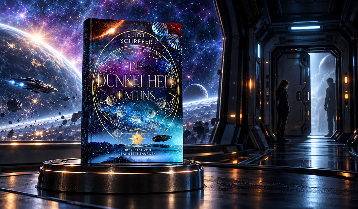 Das farbenprächtige Buchcover von Die Dunkelheit um uns von Eliot Schrefer steht auf einem metallischen Podest vor einer kosmischen Landschaft mit Planeten, Sternennebeln und einem Raumschiff. Rechts sind zwei menschliche Silhouetten in einem dunklen Raumschiffkorridor zu erkennen.
